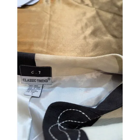 Classic Trend 90s/Y2K Linen Blend Cat Appliqué Jacket Colorblock Black Cream L - Picture 8 of 8